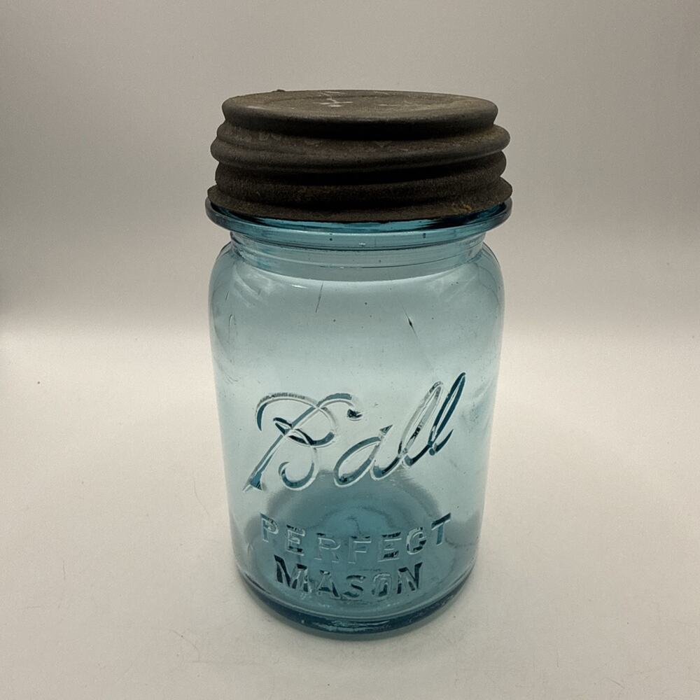 Vintage Quart Jar Ball Perfect Mason #6 Vintage Blue With Zinc Lid 1910-1923